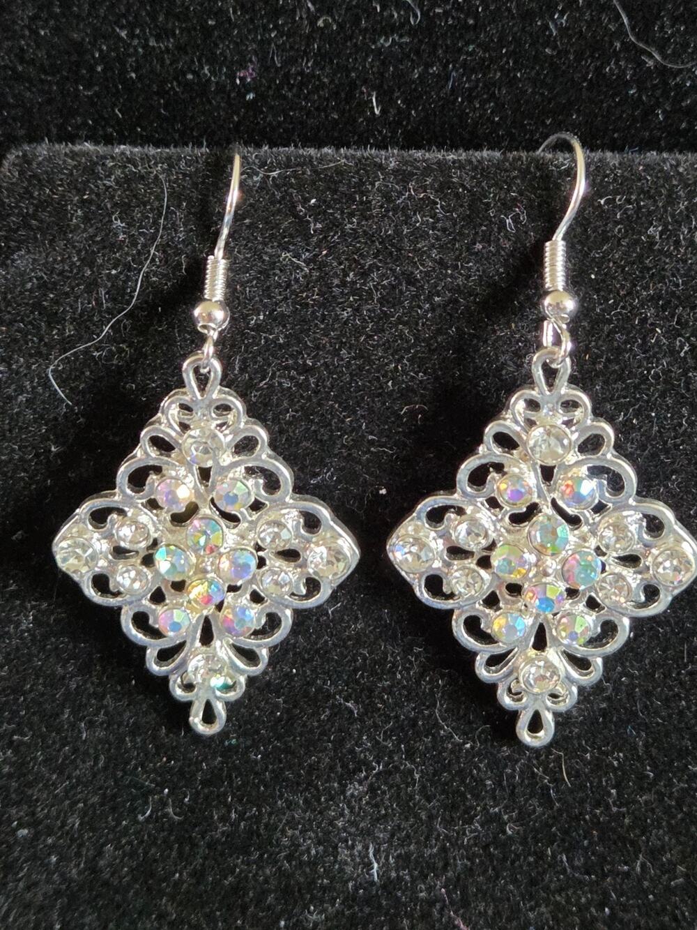 Silver-Tone Filigree AB Rhinestone Chandelier Dangle Earrings #EA4